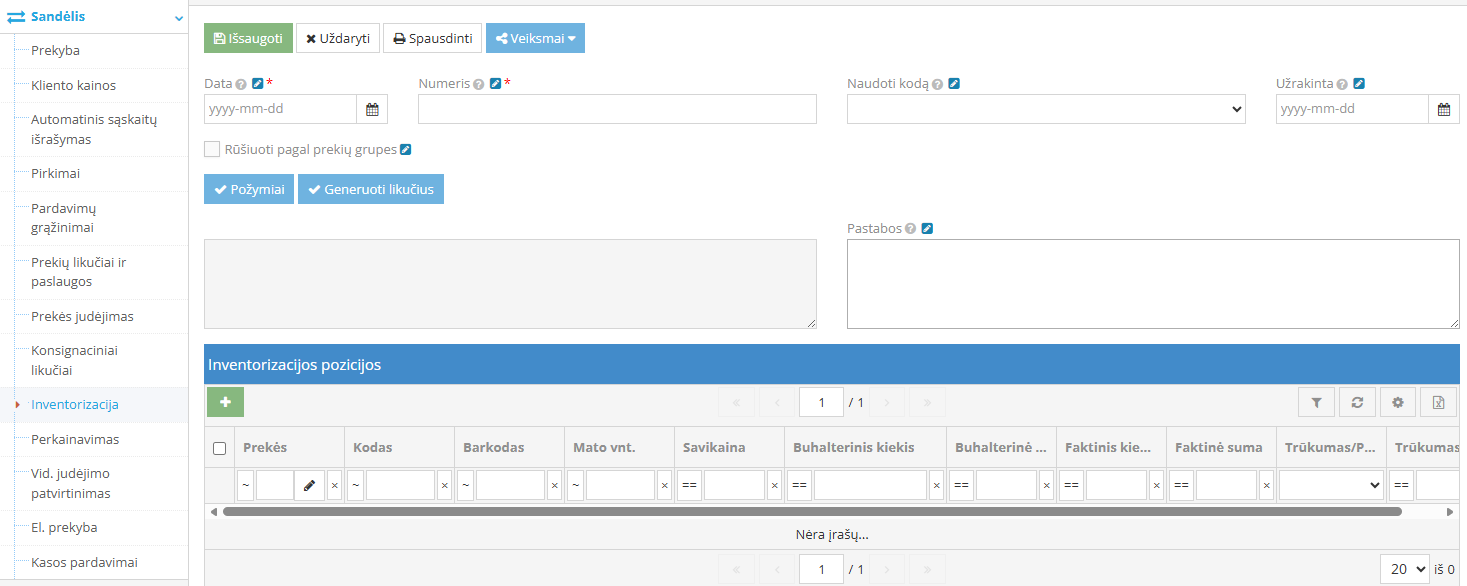 Inventorizacijos langas su pasirinkimais